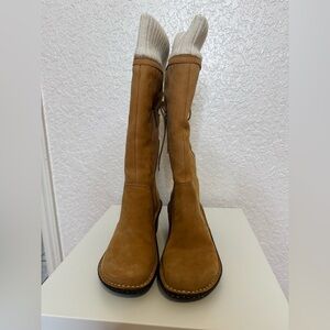 UGG Skylar Wedge Tan Leather Mid-Calf Boots w/Knit Sock Collar Casual Size 5
